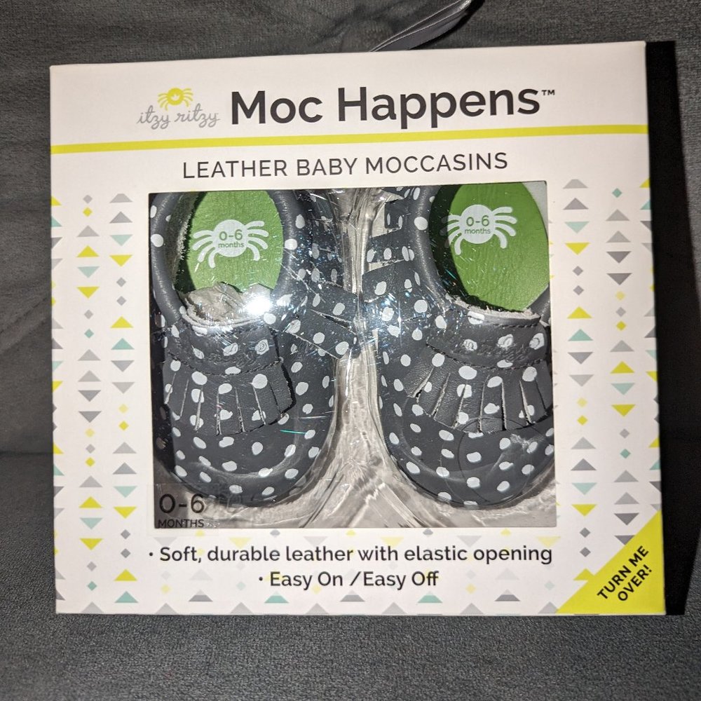 Brand New in Box. Itzy Ritzy Moc Happens Leather Baby Moccasins Size 6-9 Months